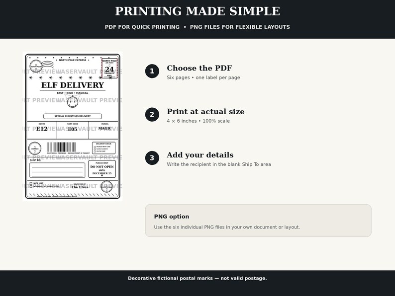 Peut inclure: Un ensemble de fichiers num&eacute;riques imprimables pr&eacute;sentant une &eacute;tiquette d'exp&eacute;dition North Pole Express Elf Delivery en noir et blanc. Le graphique inclut du texte, un code-barres et des marques postales. Instructions d'impression en 10 x 15 cm.