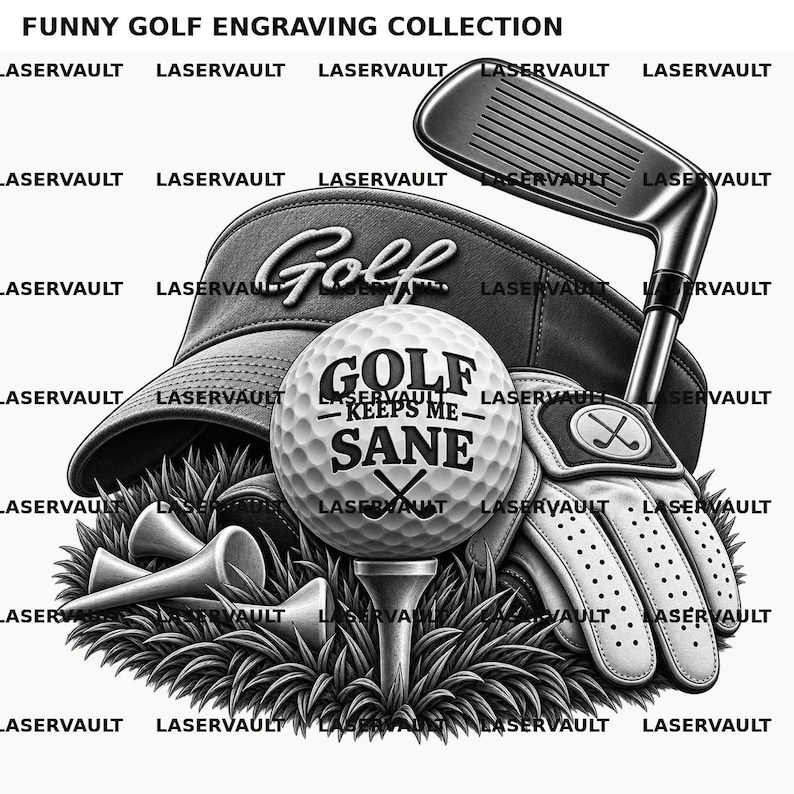 以下が含まれることがあります： ゴルフボールとティー、GOLF KEEPS ME SANEの文字、Golfと書かれたサンバイザー、ゴルフグローブ、ゴルフクラブ、芝生上の2本のティーを描いた白黒のグラフィック。上部のテキストにはFUNNY GOLF ENGRAVING COLLECTIONと記載されています。