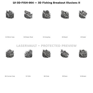 May include: A digital catalog titled LV-3D-FISH-004 3D Fishing Breakout Illusions II featuring ten grayscale illustrations of fish species including Mirror Carp, Brown Trout, Grayling, Roach, Rudd, Crucian Carp, Orfe, Chub, Dace, and Bream.