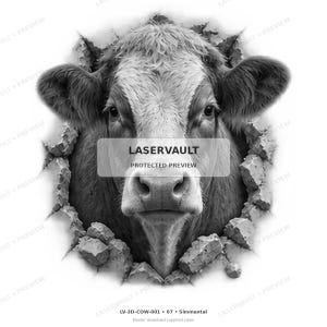May include: A black and white graphic illustration of a cow head emerging from a cracked stone wall. The image features the text LASERVAULT PROTECTED PREVIEW centered over the cow, with LV-3D-COW-001 07 Simmental printed at the bottom.