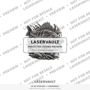 Puede incluir: Una ilustraci&oacute;n digital en blanco y negro de un pez depredador con la boca abierta, rodeado de plantas acu&aacute;ticas y rocas. Una superposici&oacute;n rectangular contiene el texto LASERVAULT PROTECTED LISTING PREVIEW, con texto de marca de agua.