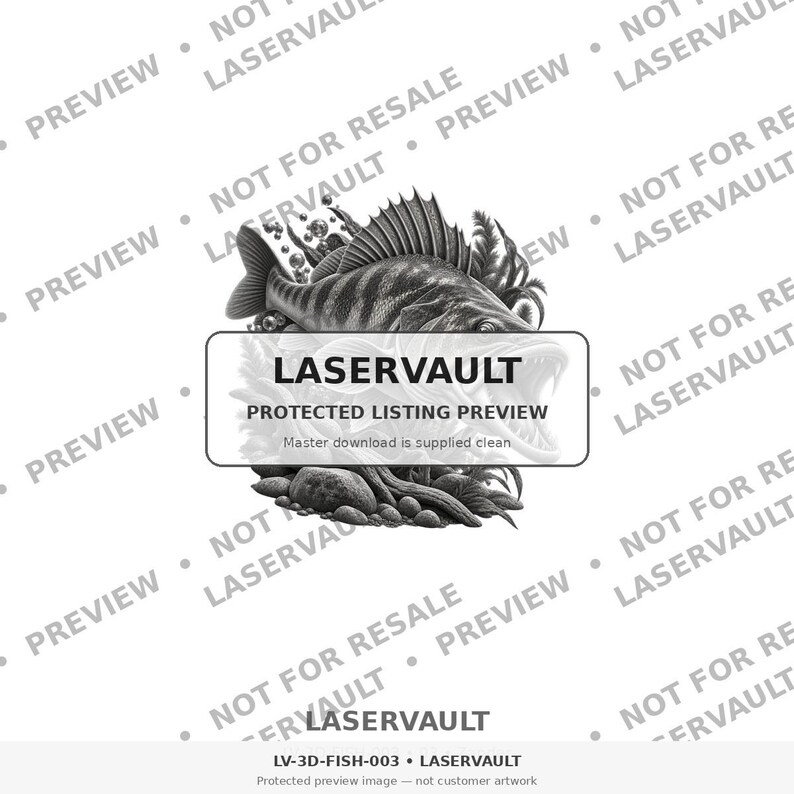 Puede incluir: Una ilustraci&oacute;n digital en blanco y negro de un pez depredador con la boca abierta, rodeado de plantas acu&aacute;ticas y rocas. Una superposici&oacute;n rectangular contiene el texto LASERVAULT PROTECTED LISTING PREVIEW, con texto de marca de agua.