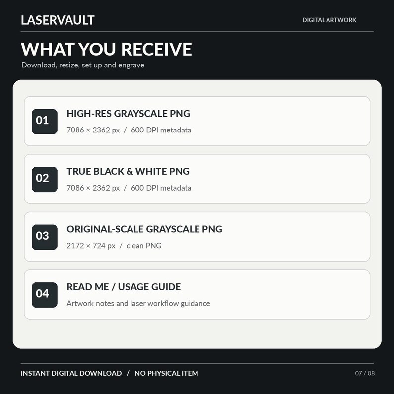 Puede incluir: Un gr&aacute;fico de informaci&oacute;n de arte digital titulado LASERVAULT WHAT YOU RECEIVE. Enumera cuatro elementos: 01 HIGH-RES GRAYSCALE PNG 7086 x 2362 px 600 DPI, 02 TRUE BLACK & WHITE PNG 7086 x 2362 px 600 DPI, 03 ORIGINAL-SCALE GRAYSCALE PNG 2172 x 724 px y 04 READ ME / USAGE GUIDE.