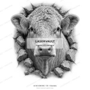May include: A black and white graphic illustration of a cow head emerging from a cracked stone wall. The text LASERVAULT PROTECTED PREVIEW is centered over the cow. Below the image, the text reads LV-3D-COW-001 05 Charolais Master download supplied clean.