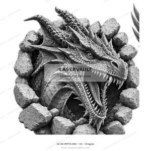 May include: A black and white graphic illustration of a dragon head emerging from a circular opening surrounded by jagged rocks. The dragon features detailed scales, sharp horns, and an open mouth with visible teeth. Text reads LASERVAULT.