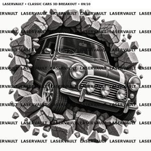 May include: A black and white graphic illustration titled LASERVAULT CLASSIC CARS 3D BREAKOUT 09/10, depicting a classic compact car emerging through a shattered brick wall. The car features dual front stripes, round headlights, and fog lamps.