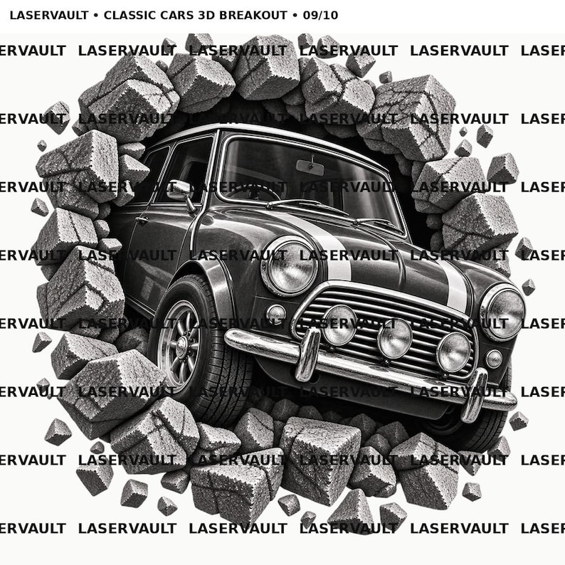 May include: A black and white graphic illustration titled LASERVAULT CLASSIC CARS 3D BREAKOUT 09/10, depicting a classic compact car emerging through a shattered brick wall. The car features dual front stripes, round headlights, and fog lamps.