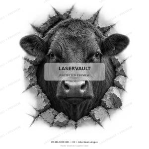 May include: A black and white graphic illustration of an Aberdeen Angus cow head emerging through a cracked stone wall. The image features the text LASERVAULT PROTECTED PREVIEW centered over the cow and LV-3D-COW-001 02 Aberdeen Angus below.