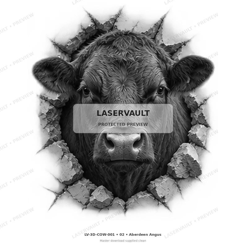 May include: A black and white graphic illustration of an Aberdeen Angus cow head emerging through a cracked stone wall. The image features the text LASERVAULT PROTECTED PREVIEW centered over the cow and LV-3D-COW-001 02 Aberdeen Angus below.