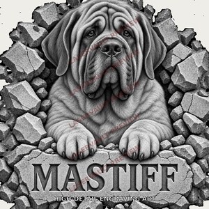Peut inclure: Une illustration graphique en noir et blanc d'un chien Mastiff &eacute;mergeant d'un mur de pierre bris&eacute;. Le chien a un visage rid&eacute; et de grandes pattes reposant sur une dalle de pierre portant le texte MASTIFF HIGH-DETAIL ENGRAVING ART.