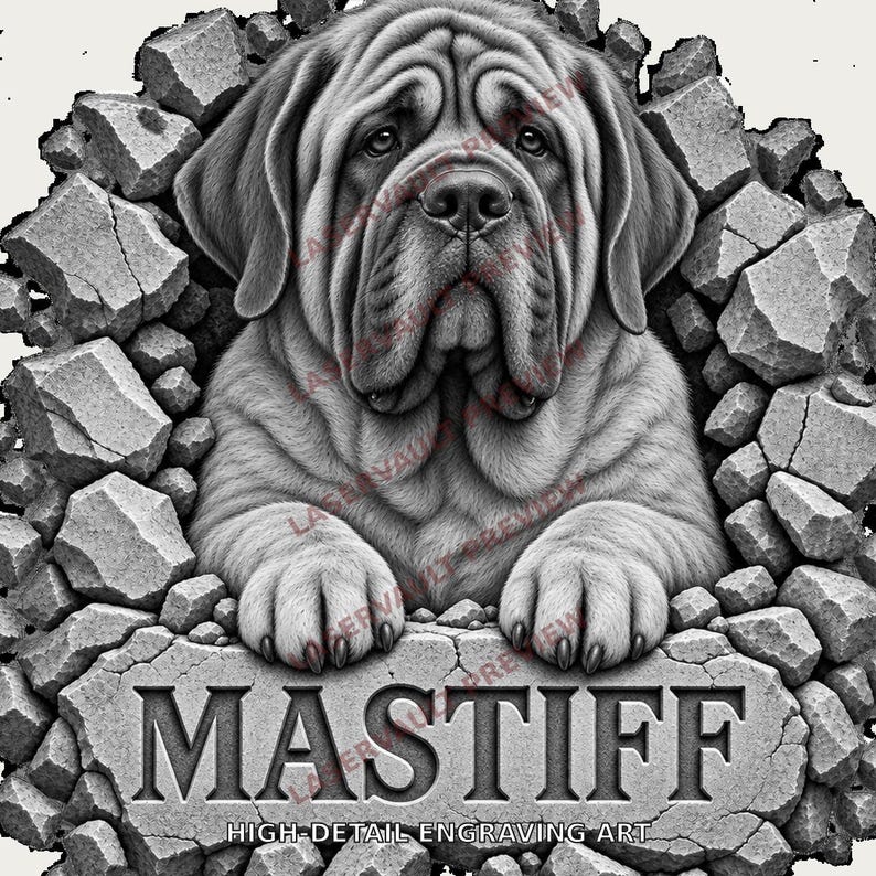 Peut inclure: Une illustration graphique en noir et blanc d'un chien Mastiff &eacute;mergeant d'un mur de pierre bris&eacute;. Le chien a un visage rid&eacute; et de grandes pattes reposant sur une dalle de pierre portant le texte MASTIFF HIGH-DETAIL ENGRAVING ART.