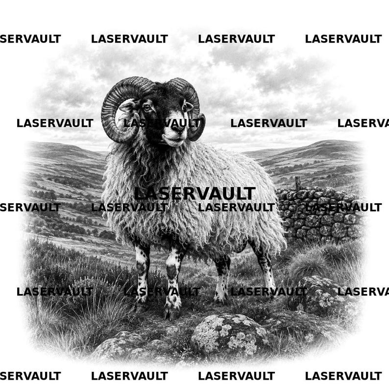 Pu&ograve; includere: Una stampa grafica in bianco e nero raffigurante un ariete con grandi corna ricurve in piedi in un paesaggio collinare con un muro di pietra. La parola LASERVAULT &egrave; ripetuta pi&ugrave; volte sull'immagine in uno schema a griglia.