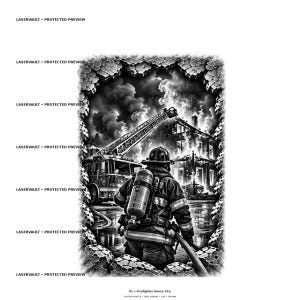May include: A black and white graphic illustration featuring a firefighter in full gear with an oxygen tank, standing before a burning house and a fire truck with an extended ladder. The scene is framed by a textured, stone-like border pattern.