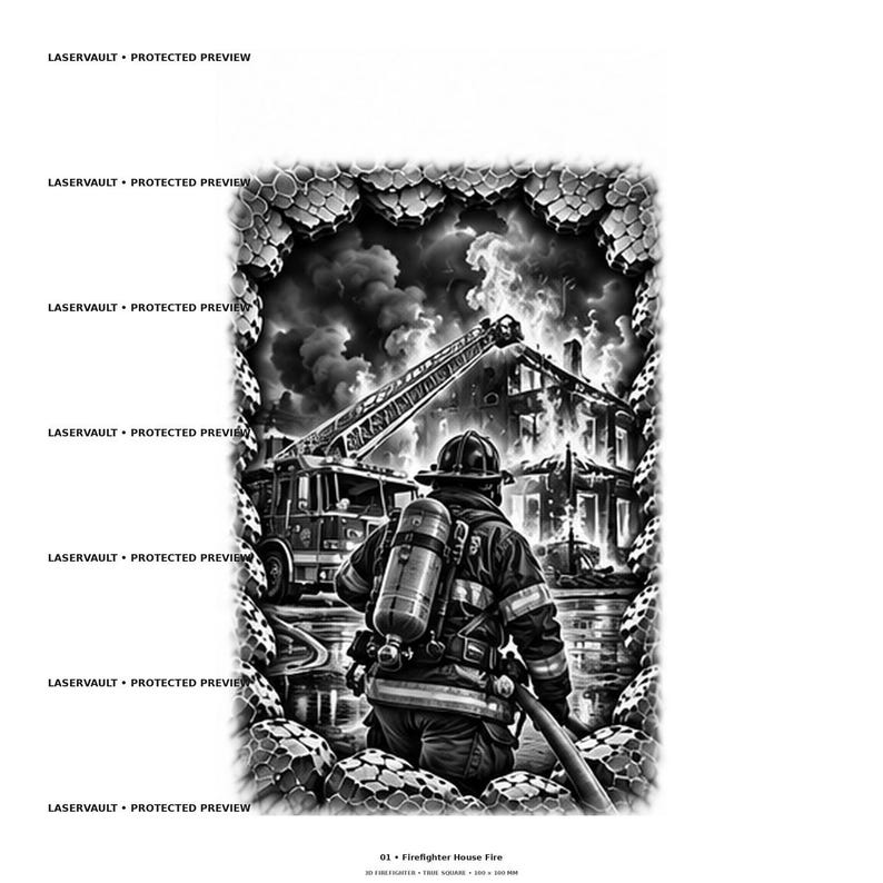 May include: A black and white graphic illustration featuring a firefighter in full gear with an oxygen tank, standing before a burning house and a fire truck with an extended ladder. The scene is framed by a textured, stone-like border pattern.
