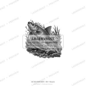 May include: A black and white graphic illustration of a fish leaping from water, surrounded by splashes, bubbles, aquatic plants, and rocks. The image features the text LASERVAULT PROTECTED LISTING PREVIEW and LV-3D-FISH-004 04 Roach.