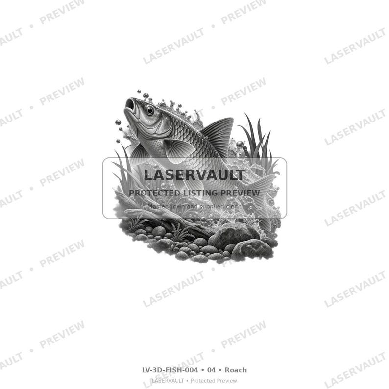 May include: A black and white graphic illustration of a fish leaping from water, surrounded by splashes, bubbles, aquatic plants, and rocks. The image features the text LASERVAULT PROTECTED LISTING PREVIEW and LV-3D-FISH-004 04 Roach.