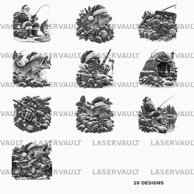 Puede incluir: Una colecci&oacute;n de diez ilustraciones digitales en blanco y negro con motivos de pesca navide&ntilde;os, incluyendo a Santa Claus, peces con gorros de Navidad, equipo de pesca, pi&ntilde;as, cajas de regalo y paisajes invernales con el texto LASERVAULT.
