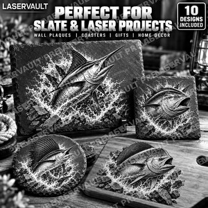 May include: A collection of slate and wooden items featuring laser-engraved fish designs. Text reads: LASERVAULT, PERFECT FOR SLATE & LASER PROJECTS, 10 DESIGNS INCLUDED, WALL PLAQUES | COASTERS | GIFTS | HOME DECOR. Includes marlin and tuna imagery.