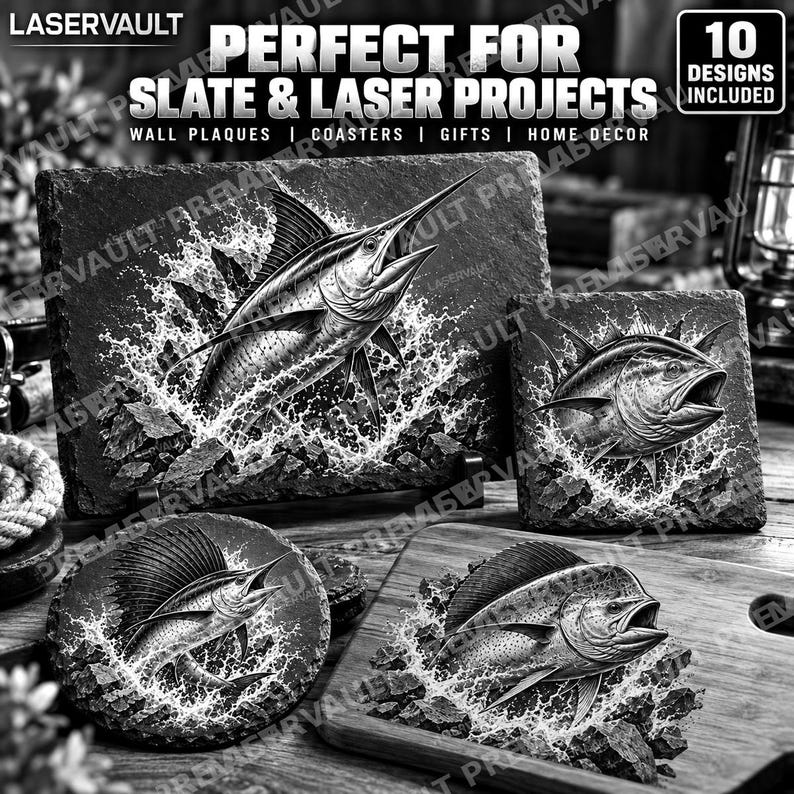 May include: A collection of slate and wooden items featuring laser-engraved fish designs. Text reads: LASERVAULT, PERFECT FOR SLATE & LASER PROJECTS, 10 DESIGNS INCLUDED, WALL PLAQUES | COASTERS | GIFTS | HOME DECOR. Includes marlin and tuna imagery.