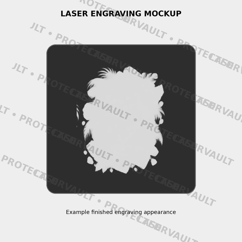 Puede incluir: Una maqueta de grabado l&aacute;ser cuadrada de color gris oscuro con una silueta floral blanca en el centro. El texto LASER ENGRAVING MOCKUP aparece en la parte superior y el texto Example finished engraving appearance en la parte inferior.