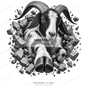 Op de afbeelding: Een zwart-witte illustratie van een geit met gekromde hoorns die uit een gebroken stenen muur tevoorschijn komt. De geit heeft een wit gezicht met zwarte vlekken rond de ogen en oren. De tekst LASERVAULT PROTECTED PREVIEW staat in het midden.