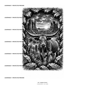 Puede incluir: Una ilustraci&oacute;n gr&aacute;fica en blanco y negro de un buey longhorn en un paisaje des&eacute;rtico con cactus y formaciones rocosas bajo un amanecer. La imagen est&aacute; enmarcada por un borde texturizado similar a la piedra e incluye el texto LASERVAULT PROTECTED PREVIEW.