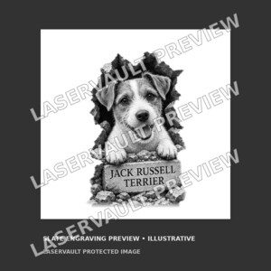 Puede incluir: Un grabado en blanco y negro de un cachorro de Jack Russell Terrier asom&aacute;ndose a trav&eacute;s de una pared rota. El cachorro apoya sus patas sobre un bloque de piedra con la inscripci&oacute;n JACK RUSSELL TERRIER. Incluye el texto LASERVAULT PREVIEW.