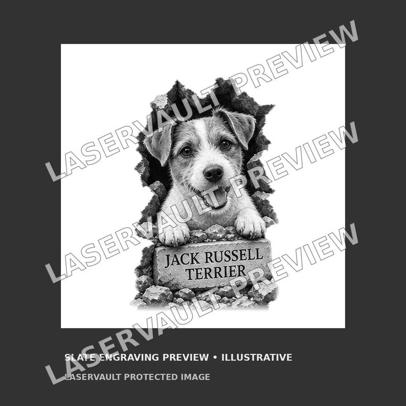 Puede incluir: Un grabado en blanco y negro de un cachorro de Jack Russell Terrier asom&aacute;ndose a trav&eacute;s de una pared rota. El cachorro apoya sus patas sobre un bloque de piedra con la inscripci&oacute;n JACK RUSSELL TERRIER. Incluye el texto LASERVAULT PREVIEW.