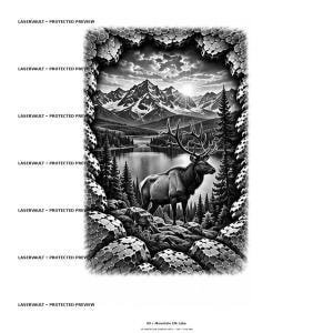 May include: A black and white graphic print titled 09 Mountain Elk Lake featuring an elk standing in a forest near a lake with mountains in the background. The scene is framed by a textured, rocky border and includes the text LASERVAULT PROTECTED PREVIEW.