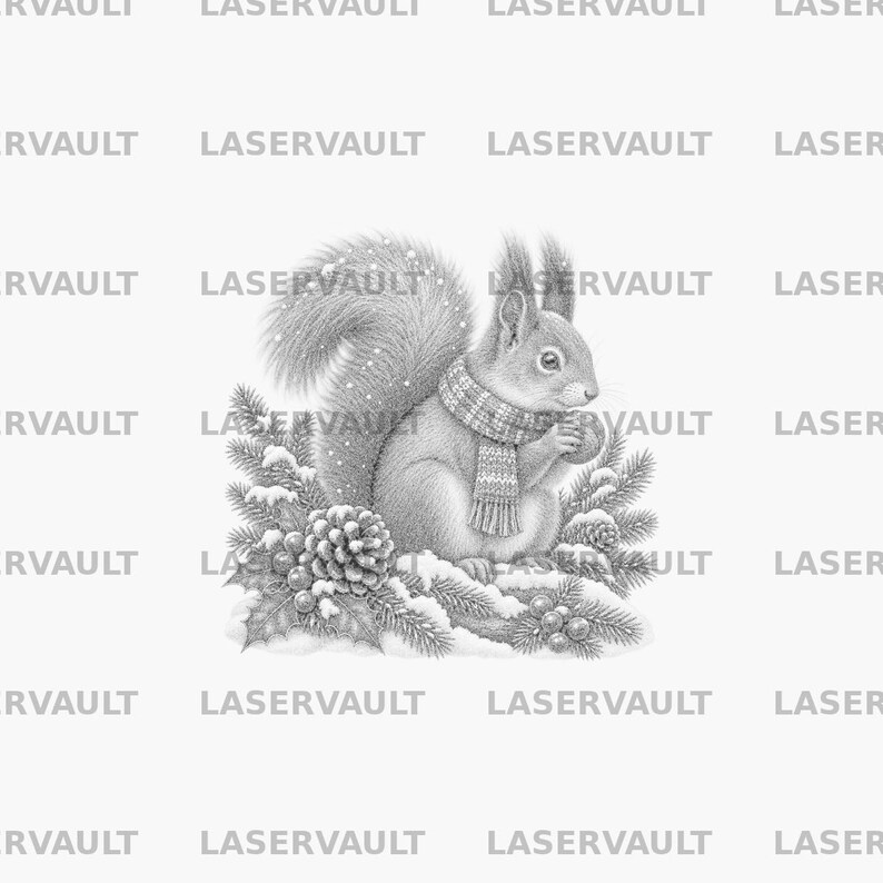 May include: A black and white pencil-style illustration of a squirrel wearing a knitted scarf, holding a nut, and sitting amidst snow-covered pine branches, pinecones, and holly berries, with the word LASERVAULT repeated in the background.