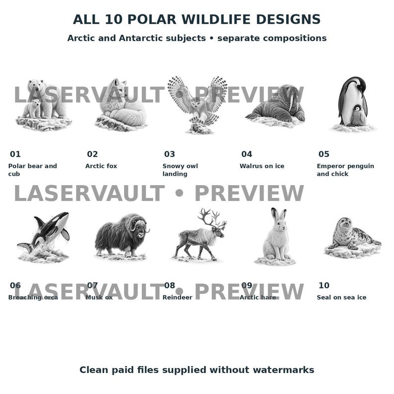Op de afbeelding: Een verzameling van 10 zwart-wit ontwerpen van pooldieren met het label ALL 10 POLAR WILDLIFE DESIGNS. De afbeeldingen bevatten een ijsbeer met jong, poolvos, sneeuwuil, walrus, pingu&iuml;n, orka, muskusos, rendier, poolhaas en zeehond.