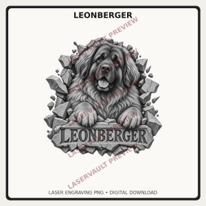 Op de afbeelding: Een zwart-witte grafische illustratie van een Leonberger-hond die uit een gebarsten stenen muur tevoorschijn komt. De hond heeft een dikke, getextureerde vacht en kijkt vooruit. Onder de hond staat het woord LEONBERGER in een stenen plaat gegraveerd.