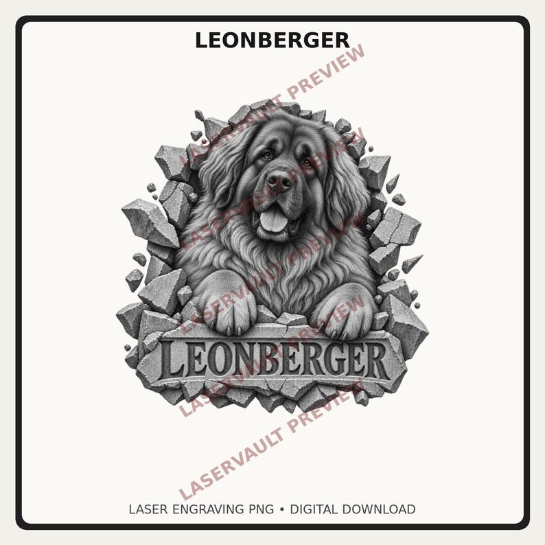 Op de afbeelding: Een zwart-witte grafische illustratie van een Leonberger-hond die uit een gebarsten stenen muur tevoorschijn komt. De hond heeft een dikke, getextureerde vacht en kijkt vooruit. Onder de hond staat het woord LEONBERGER in een stenen plaat gegraveerd.
