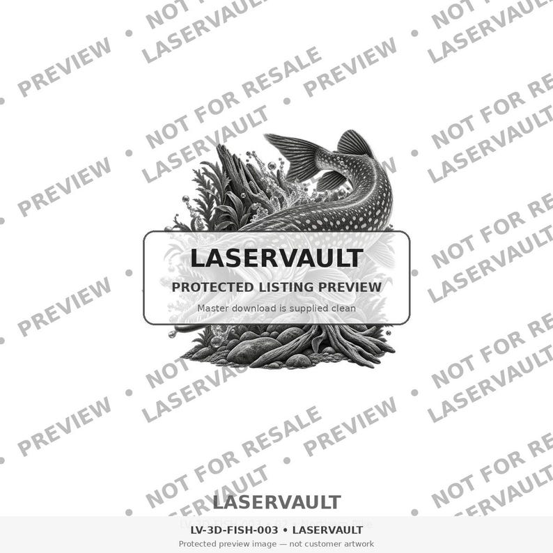 Puede incluir: Una ilustraci&oacute;n digital en blanco y negro de un pez nadando entre plantas acu&aacute;ticas y rocas. La imagen presenta una superposici&oacute;n rectangular central con el texto LASERVAULT PROTECTED LISTING PREVIEW. El fondo est&aacute; cubierto de marcas de agua repetidas.