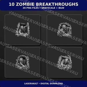 Puede incluir: Una colección digital titulada 10 ZOMBIE BREAKTHROUGHS que incluye 20 archivos PNG en escala de grises y blanco y negro. La imagen muestra cuatro ilustraciones distintas de zombis atravesando muros de ladrillo con texturas detalladas.