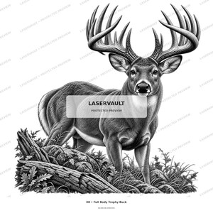 K&ouml;nnte beinhalten: Eine schwarz-wei&szlig;e Illustration eines Hirsches mit gro&szlig;em Geweih, der in einem grasbewachsenen Bereich mit einem umgest&uuml;rzten Baumstamm steht. Das Bild enth&auml;lt den Text LASERVAULT PROTECTED PREVIEW mittig und 08 Full Body Trophy Buck unten.