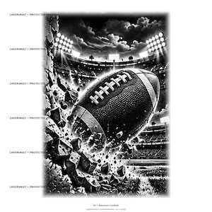 Puede incluir: Una ilustración gráfica en blanco y negro de un balón de fútbol americano atravesando una pared. El fondo muestra un estadio de noche con focos brillantes y nubes. El texto LASERVAULT PROTECTED PREVIEW aparece repetidamente a la izquierda.