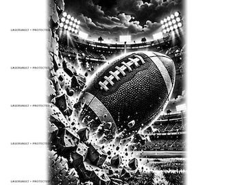 Op de afbeelding: Een zwart-witte grafische illustratie van een American football die door een muur breekt. De achtergrond toont een stadion in de nacht met felle schijnwerpers en wolken. De tekst LASERVAULT PROTECTED PREVIEW verschijnt herhaaldelijk aan de linkerkant.