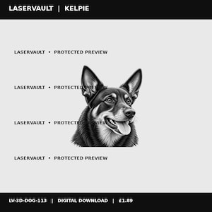 Puede incluir: Una ilustraci&oacute;n digital en blanco y negro de la cabeza de un perro Kelpie con orejas puntiagudas y la boca abierta mostrando la lengua. La imagen incluye el texto repetido LASERVAULT PROTECTED PREVIEW y el encabezado LASERVAULT KELPIE.