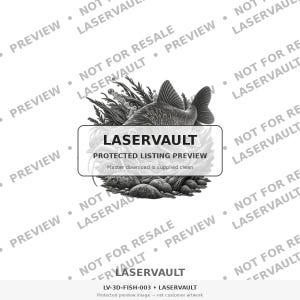 Puede incluir: Una ilustraci&oacute;n digital en blanco y negro de un pez nadando entre plantas acu&aacute;ticas y rocas. Una superposici&oacute;n rectangular en el centro contiene el texto LASERVAULT PROTECTED LISTING PREVIEW. El fondo presenta texto repetido como marca de agua.