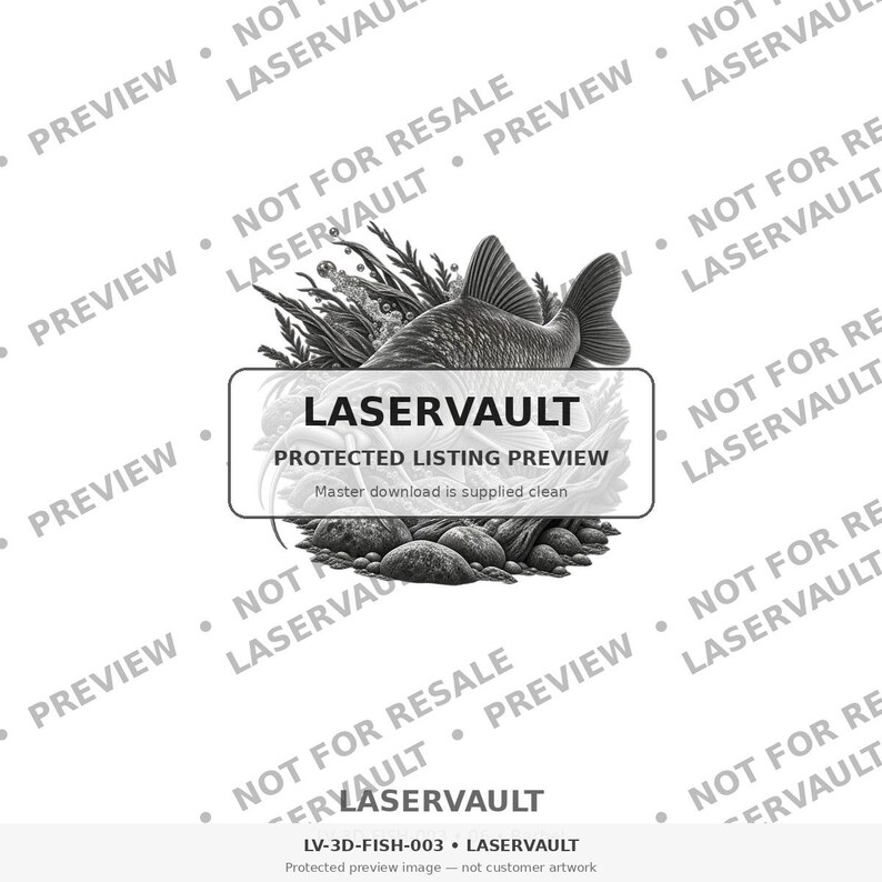 Puede incluir: Una ilustraci&oacute;n digital en blanco y negro de un pez nadando entre plantas acu&aacute;ticas y rocas. Una superposici&oacute;n rectangular en el centro contiene el texto LASERVAULT PROTECTED LISTING PREVIEW. El fondo presenta texto repetido como marca de agua.