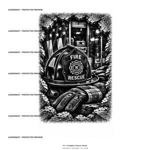 May include: A black and white graphic illustration featuring a firefighter helmet with the text FIRE RESCUE on the front shield. The helmet rests near a glove, with an American flag and a fire truck interior visible in the background, all framed by a textured, rocky border.