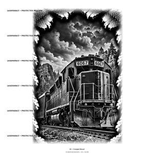 Op de afbeelding: Een zwart-witte grafische illustratie van een dieseltrein met nummer 6067 die over rails door een bergachtig landschap met bewolkte luchten rijdt. De tekst LASERVAULT PROTECTED PREVIEW wordt herhaald aan de linkerkant van de afbeelding.