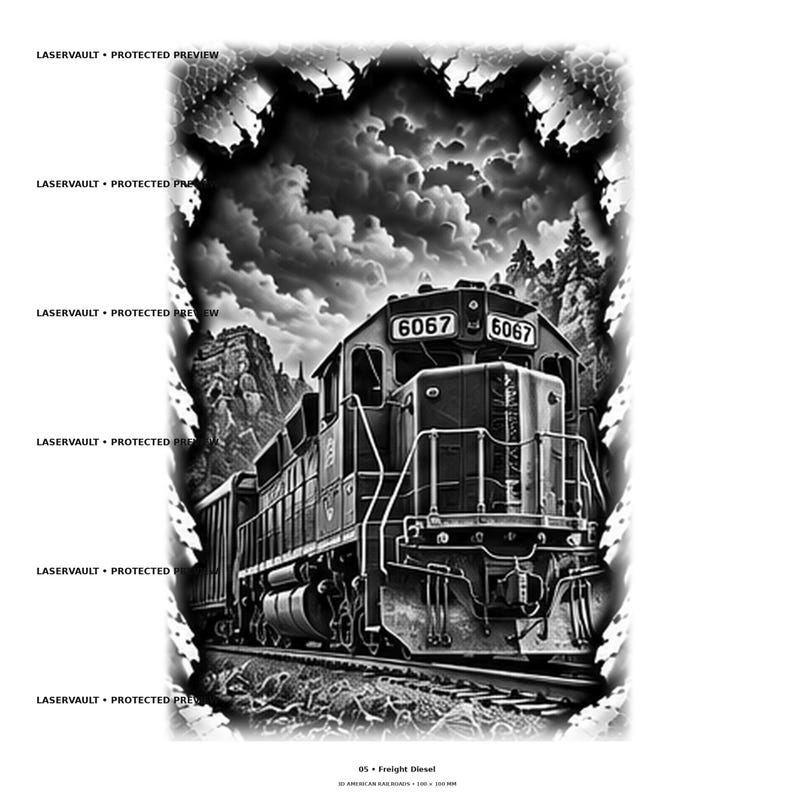 Op de afbeelding: Een zwart-witte grafische illustratie van een dieseltrein met nummer 6067 die over rails door een bergachtig landschap met bewolkte luchten rijdt. De tekst LASERVAULT PROTECTED PREVIEW wordt herhaald aan de linkerkant van de afbeelding.