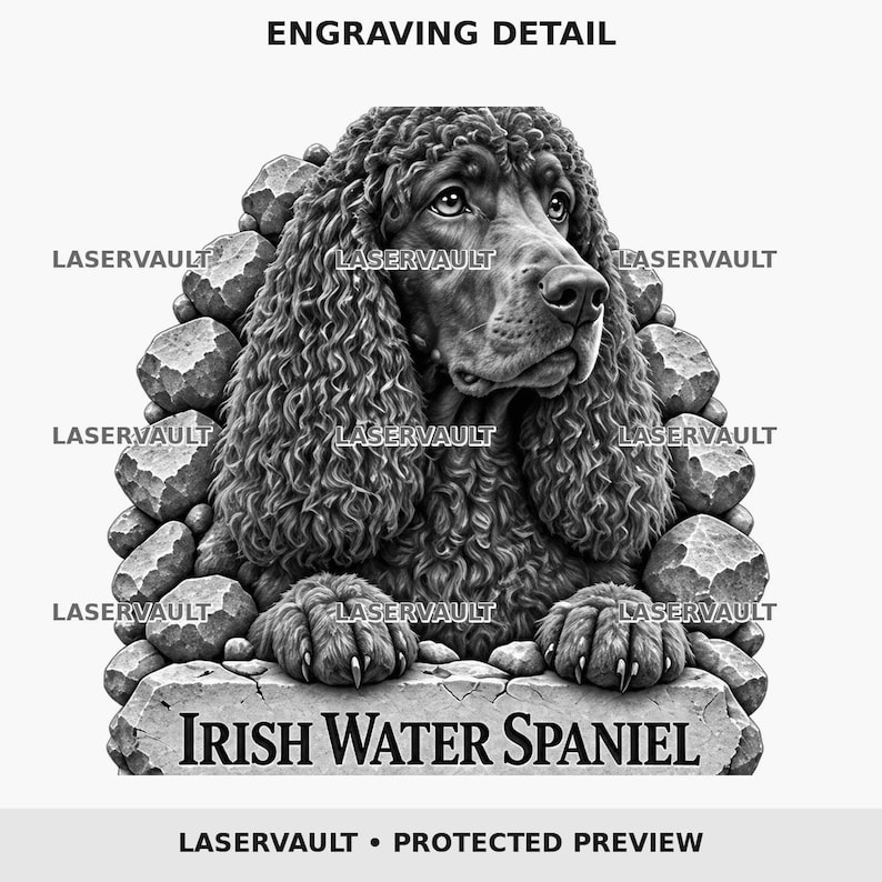 May include: A black and white graphic illustration of an Irish Water Spaniel with curly fur, framed by a stone border. The text reads ENGRAVING DETAIL, LASERVAULT, IRISH WATER SPANIEL, and LASERVAULT &bull; PROTECTED PREVIEW. The dog rests its paws on a stone.