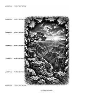 May include: A black and white digital illustration titled 01 Grand Canyon Vista, depicting a canyon landscape viewed through a textured, honeycomb-patterned rock frame. The scene features a winding river, a lone tree, and a sunburst in the sky.