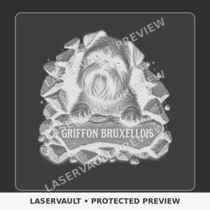 Op de afbeelding: Een monochroom grafisch ontwerp met een gedetailleerde illustratie van een Griffon Bruxellois die uit een gebroken stenen muur tevoorschijn komt. De tekst "GRIFFON BRUXELLOIS" is duidelijk zichtbaar op een stenen plaat op de voorgrond, omringd door puin.
