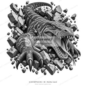 Op de afbeelding: Een zwart-witte grafische illustratie van een varaan die uit gebroken betonpuin tevoorschijn komt. De hagedis heeft een getextureerd, geschubd lichaam, scherpe klauwen en een open bek met een zichtbare tong. De tekst LASERVAULT staat in het midden.