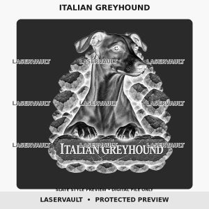Op de afbeelding: Een zwart-wit grafisch ontwerp met een Italiaanse windhond die uit een gebarsten stenen achtergrond tevoorschijn komt. De tekst "ITALIAN GREYHOUND" staat onderaan gecentreerd op een steenachtig plaatje. Het woord "LASERVAULT" is herhaald als watermerk.