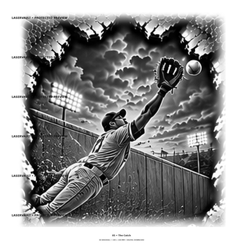 May include: A black and white digital illustration titled 05 The Catch, depicting a baseball player in a uniform leaping to catch a ball with a glove near a stadium fence under bright floodlights against a cloudy sky with a textured border.